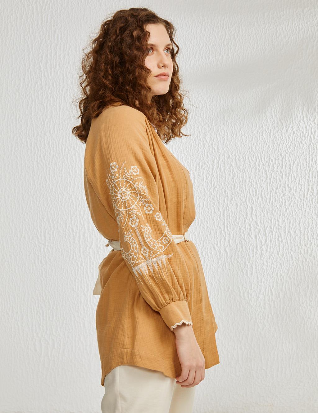 Kolları Nakışlı Kimono Camel