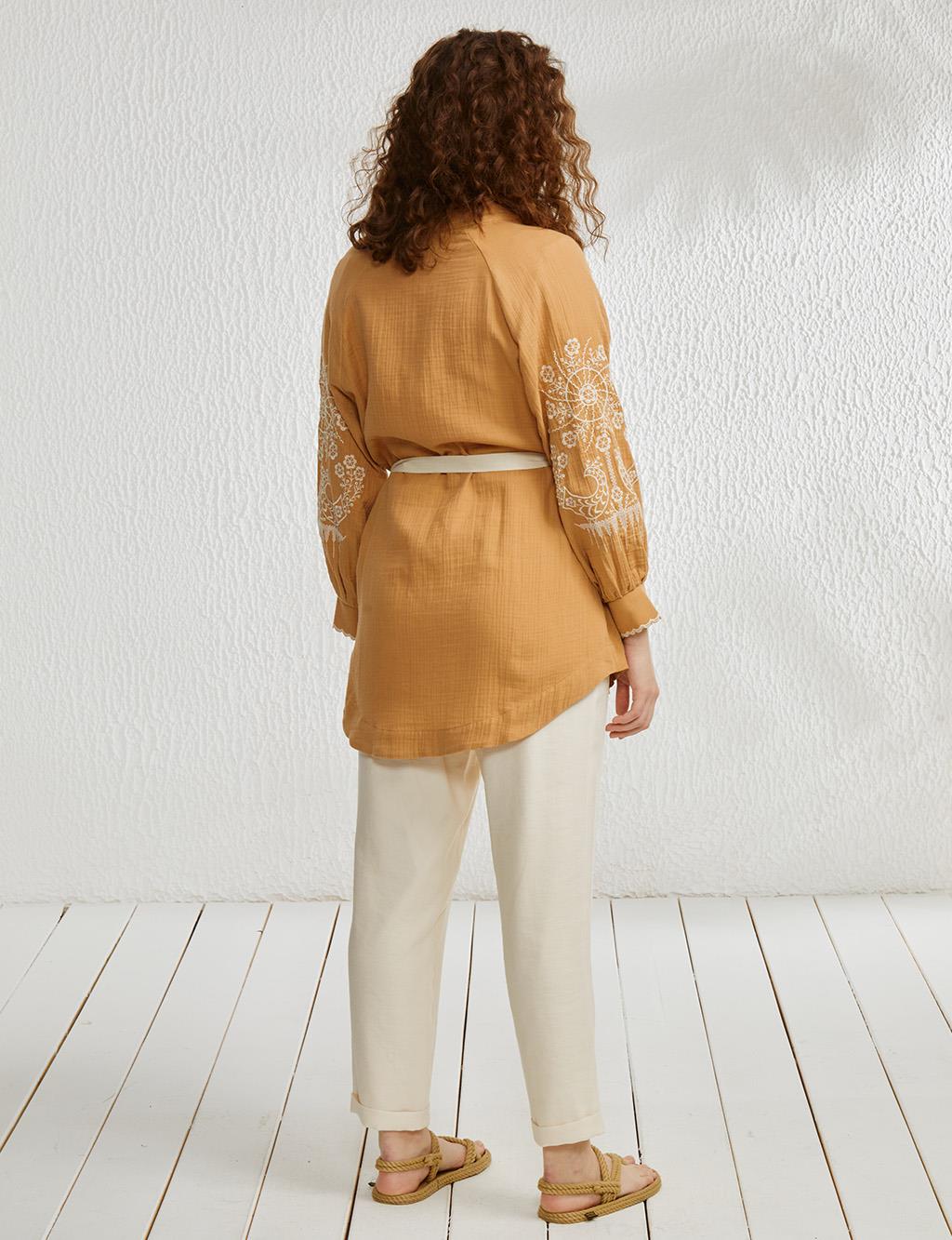 Kolları Nakışlı Kimono Camel