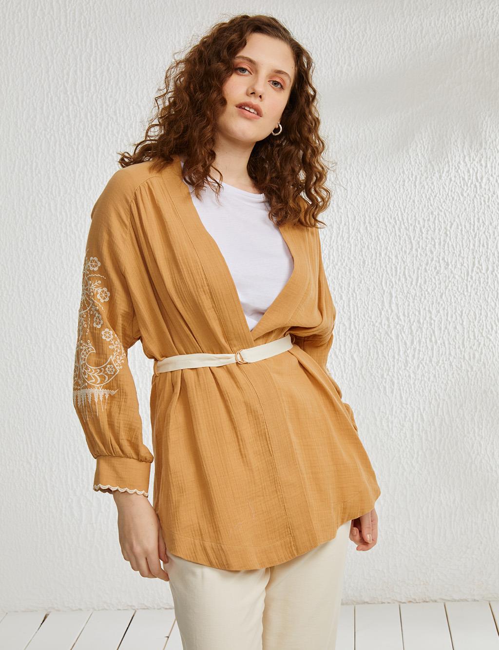 Kolları Nakışlı Kimono Camel