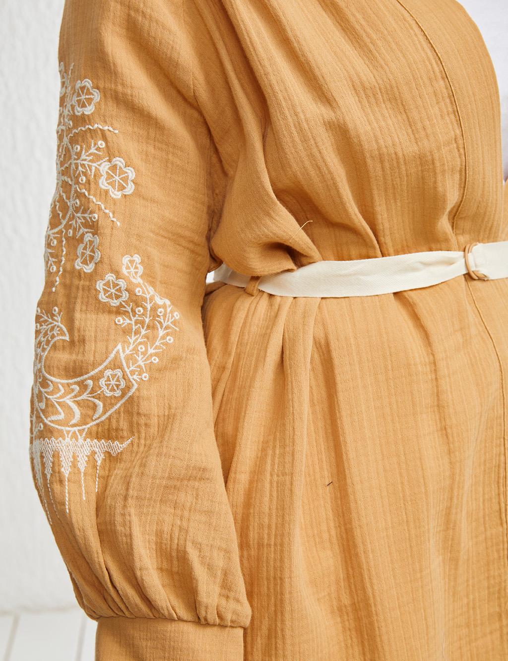 Kolları Nakışlı Kimono Camel