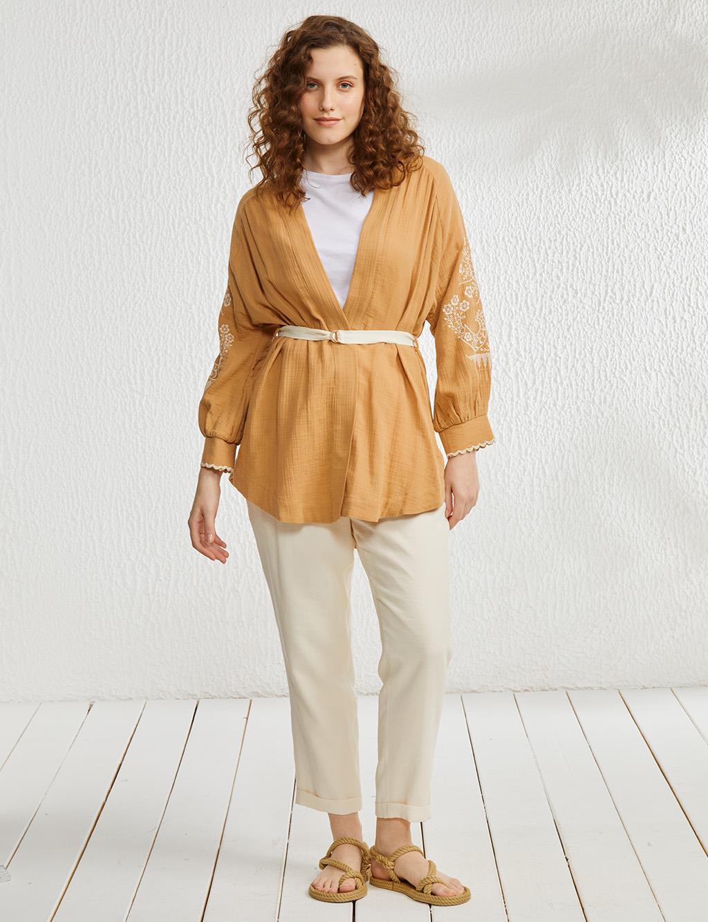 Kolları Nakışlı Kimono Camel