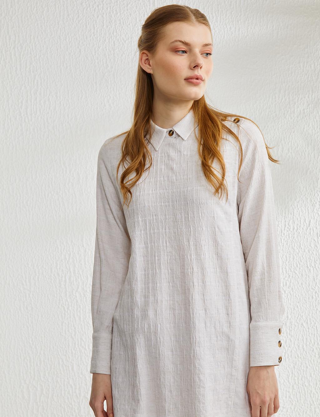 Kemik Düğmeli Crinkle Tunik Ekru