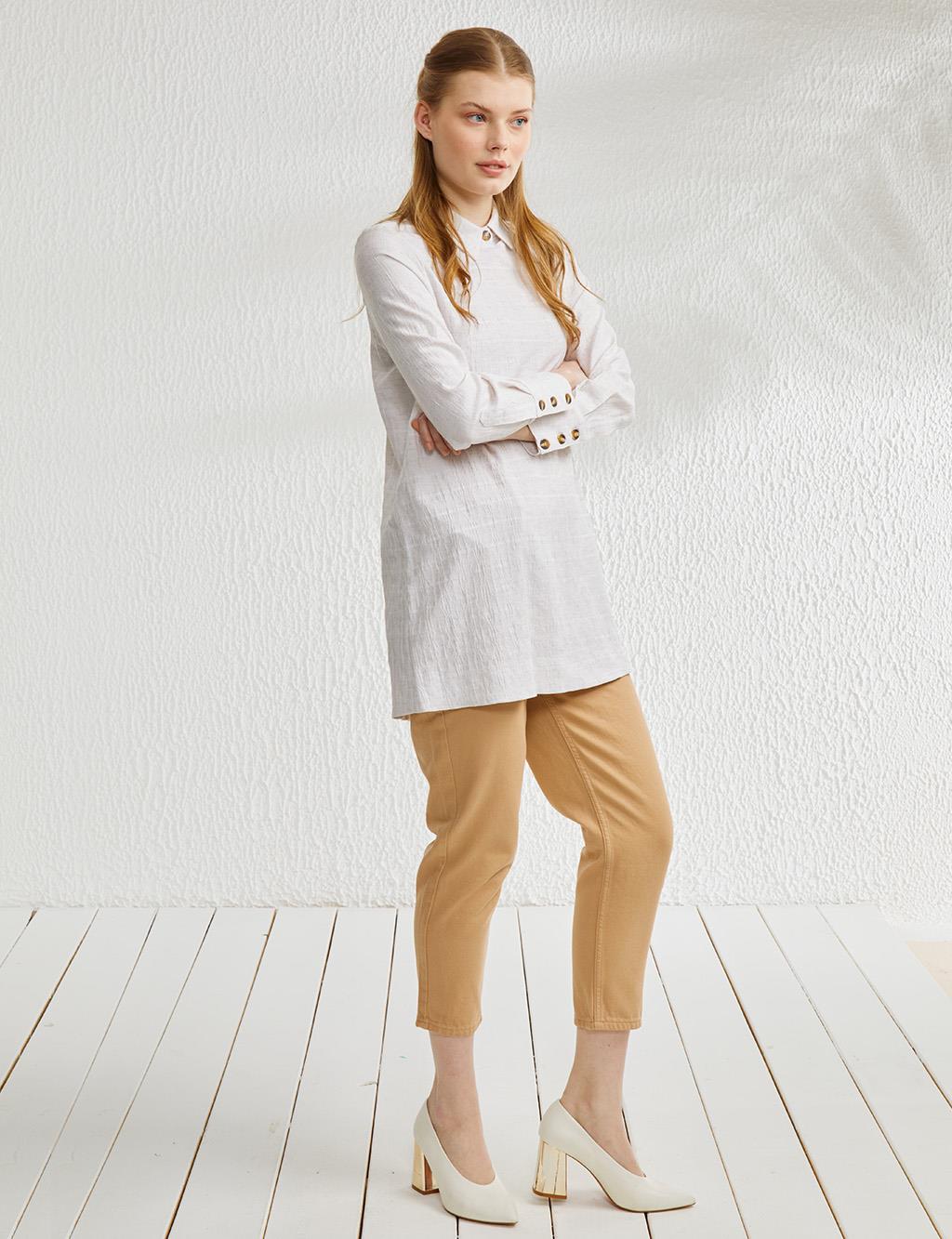 Kemik Düğmeli Crinkle Tunik Ekru