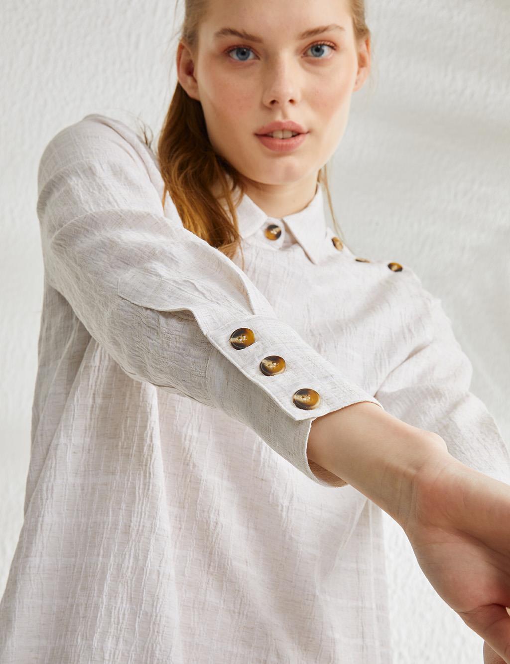 Kemik Düğmeli Crinkle Tunik Ekru