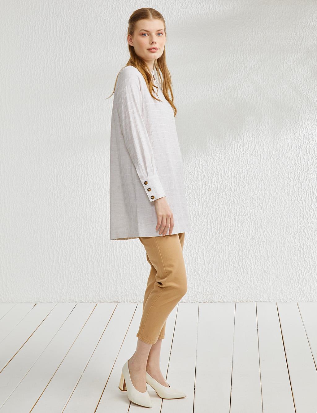 Kemik Düğmeli Crinkle Tunik Ekru