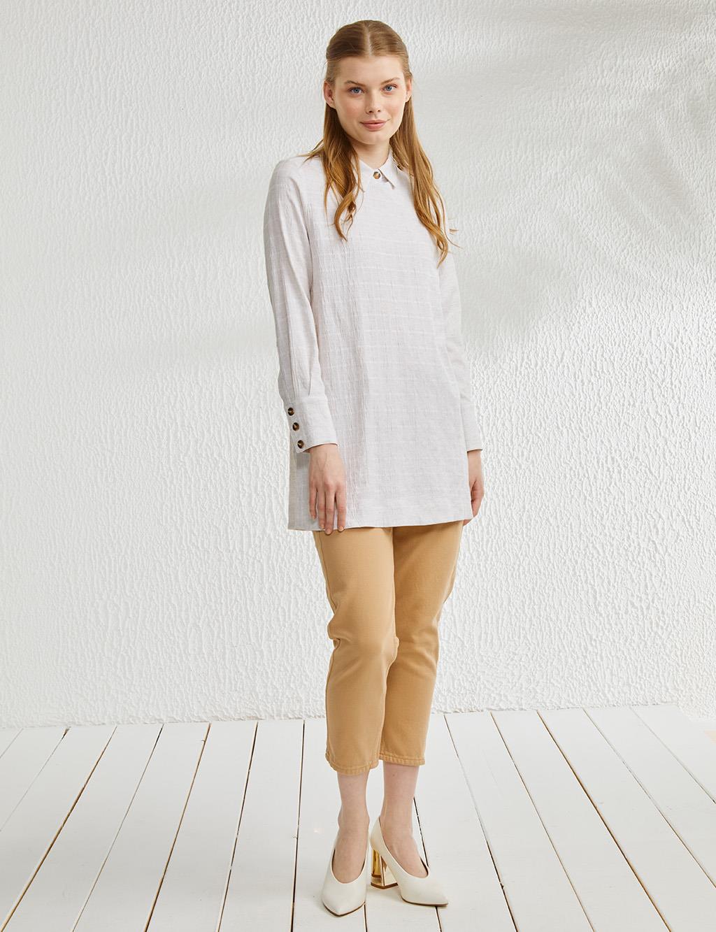 Kemik Düğmeli Crinkle Tunik Ekru