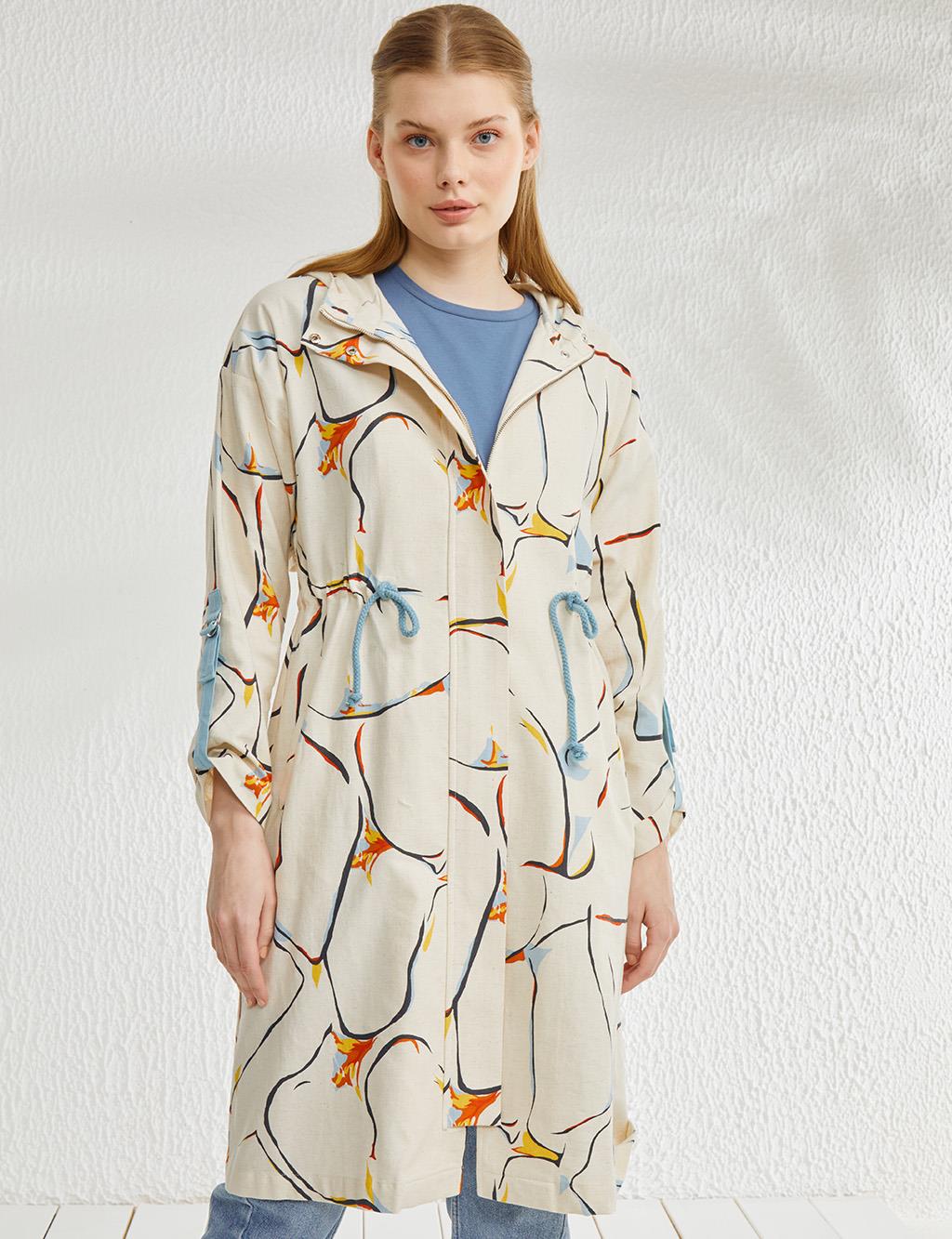 Hooded Abstract Pattern Trench Coat Cream