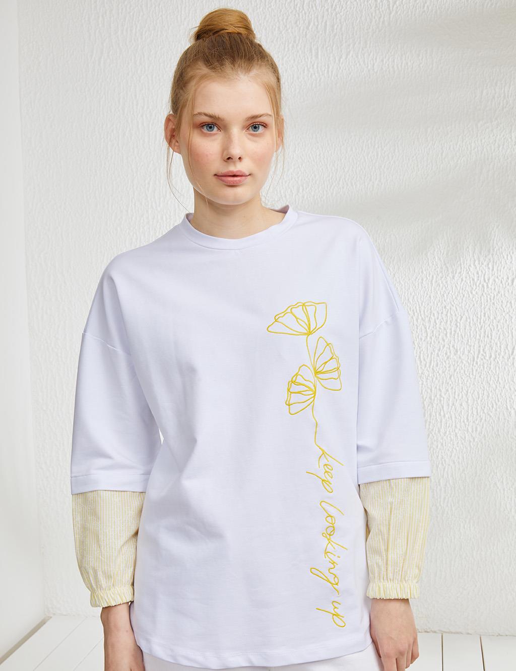 Slogan Embroidered Round Neck Sweatshirt White