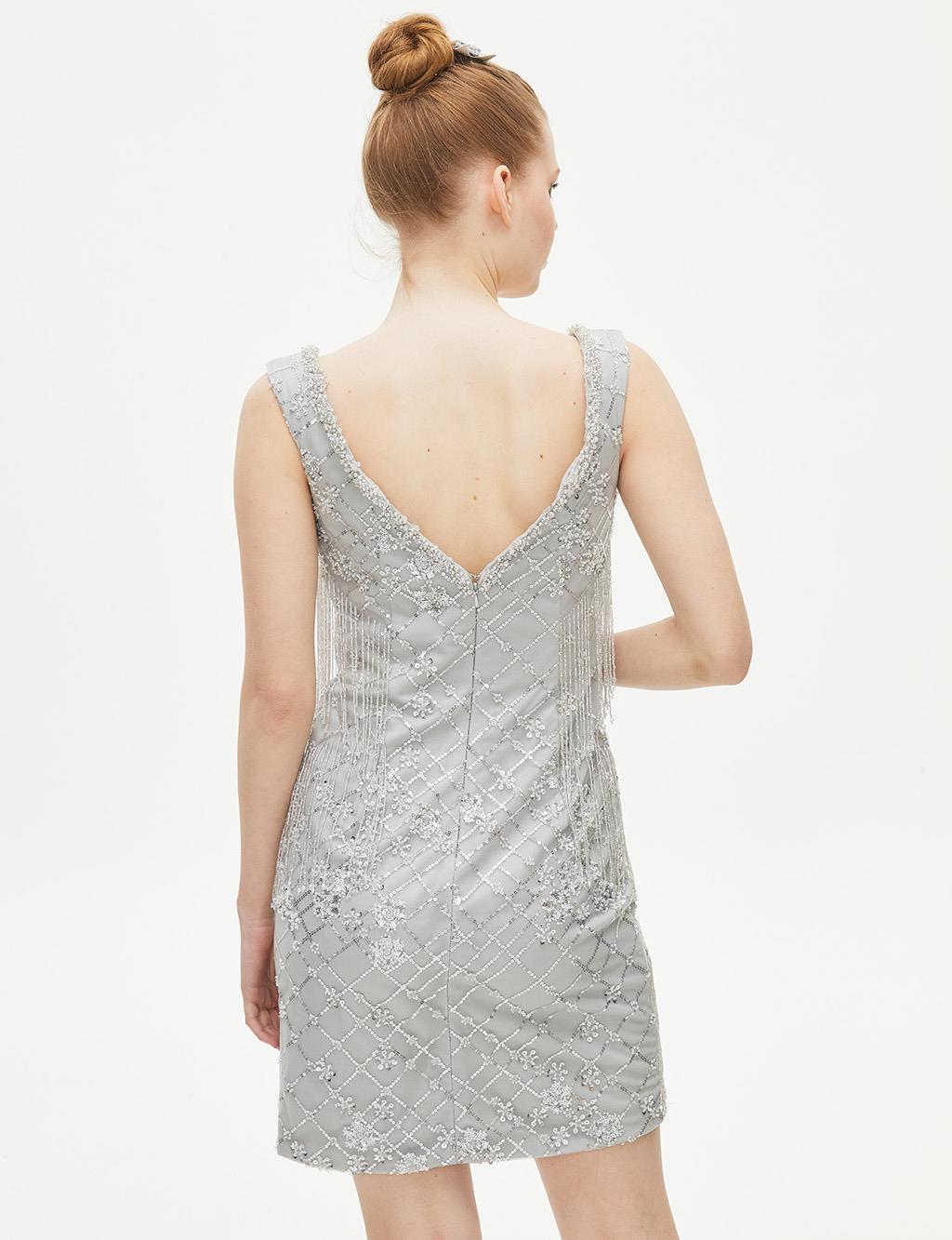 TIARA Embroidered Short Evening Dress Grey