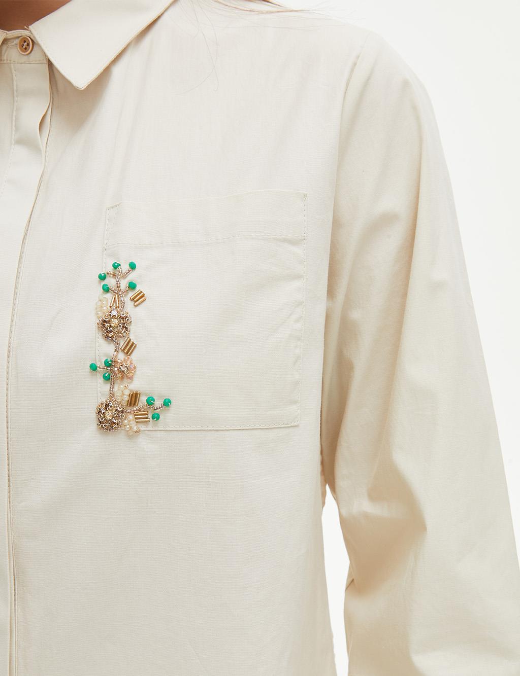 Bead Embroidered Poplin Shirt Cream