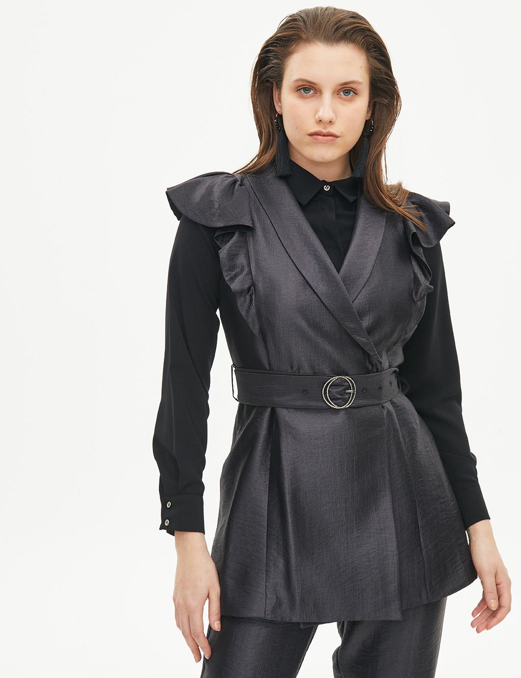 Butterfly Sleeve Double Breasted Collar Belted Suit Black