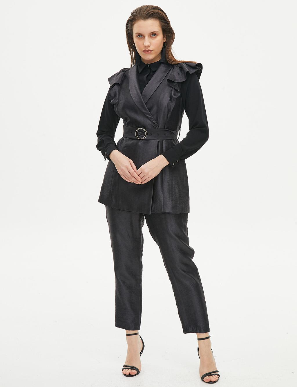 Butterfly Sleeve Double Breasted Collar Belted Suit Black