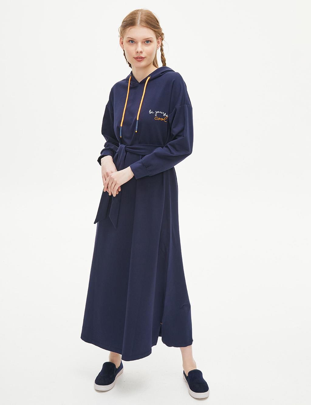 Belted Low Sleeve Long Dress Navy