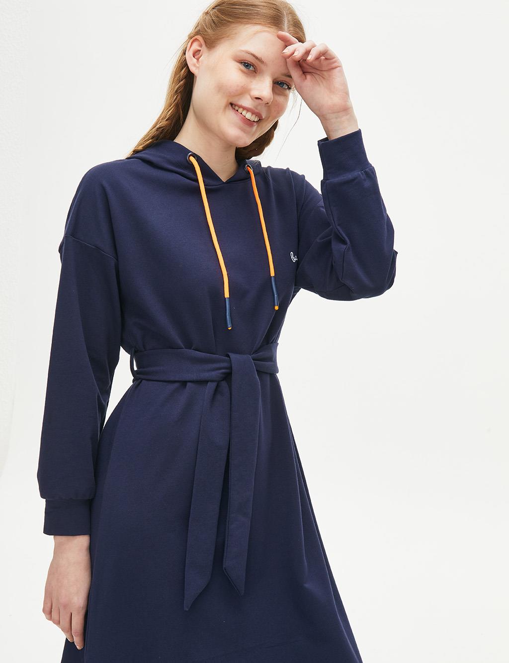 Belted Low Sleeve Long Dress Navy