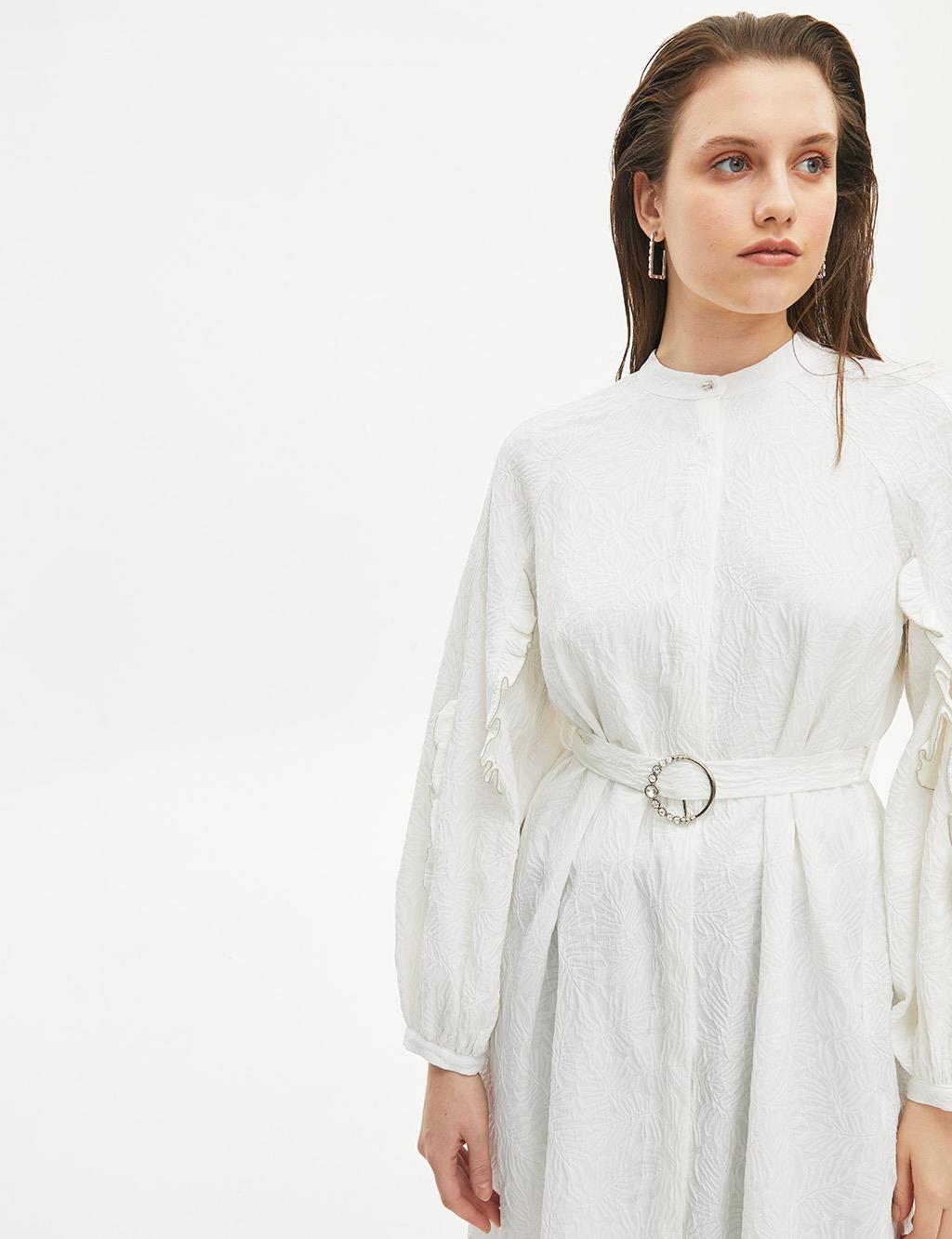 Embossed Round Neck Collar Tunic Ecru