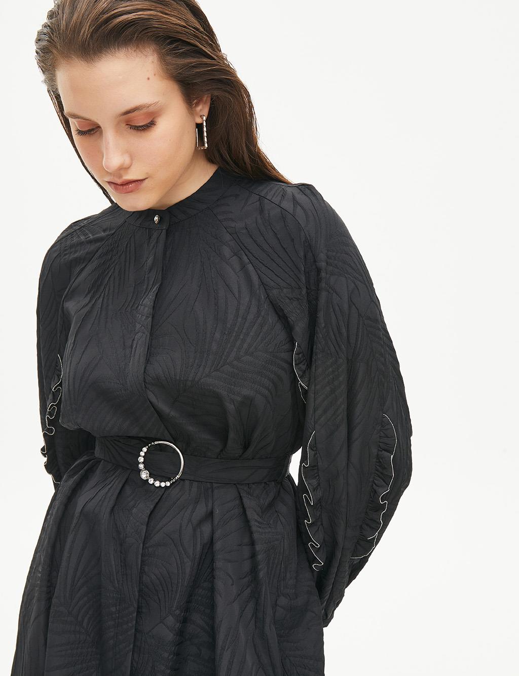 Embossed Round Neck Collar Tunic Black