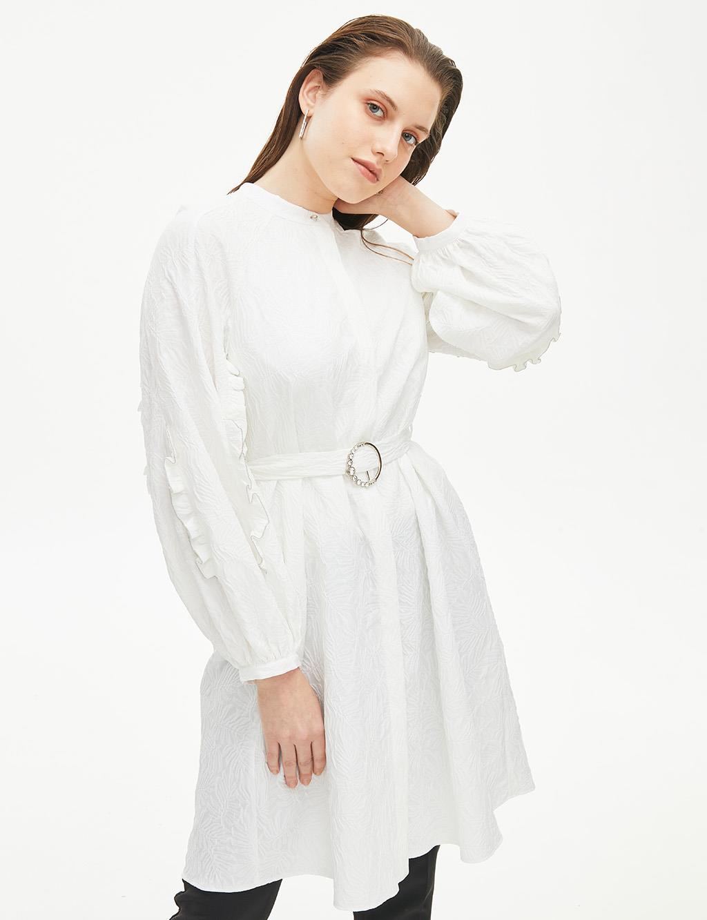 Embossed Round Neck Collar Tunic Ecru