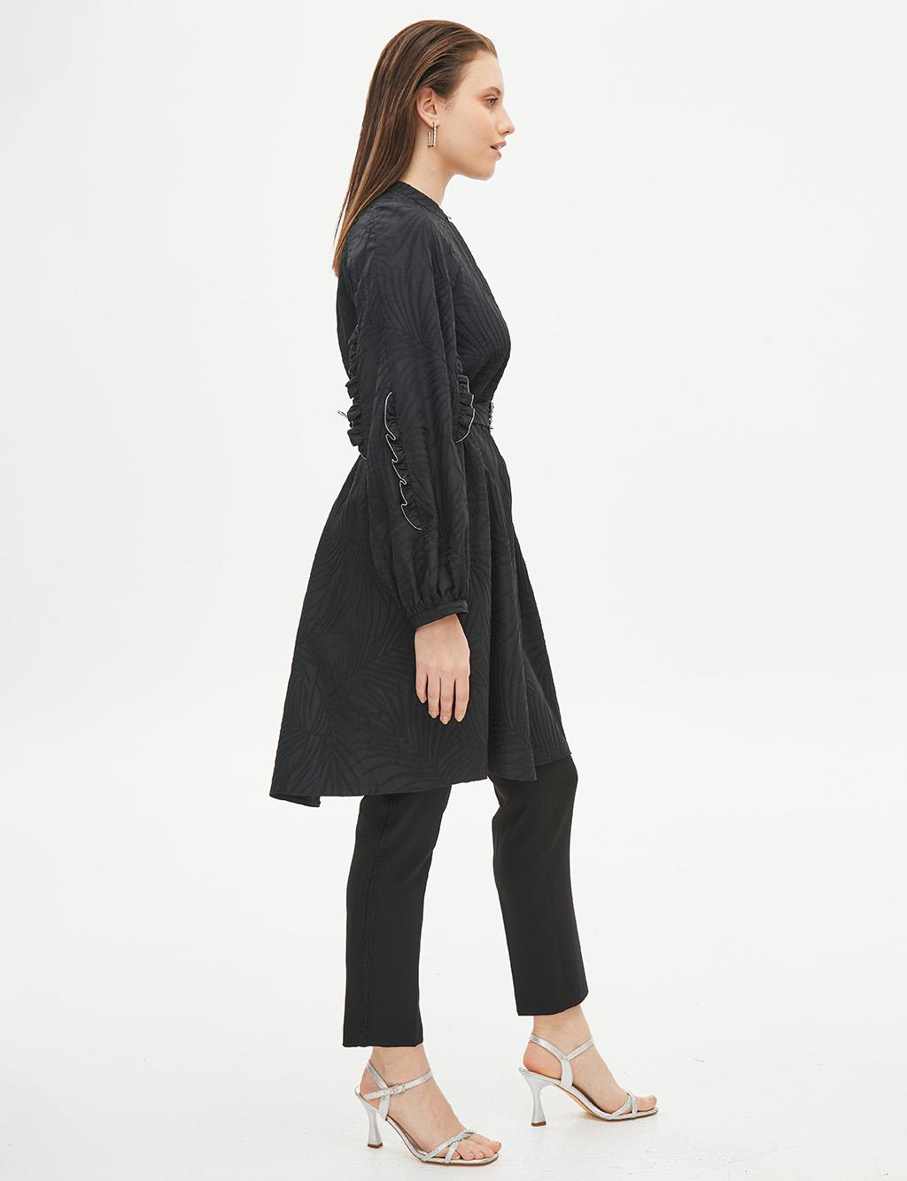 Embossed Round Neck Collar Tunic Black