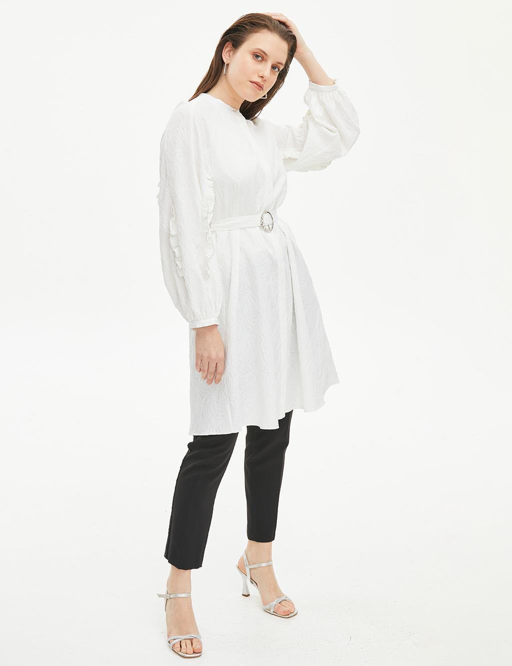 Embossed Round Neck Collar Tunic Ecru