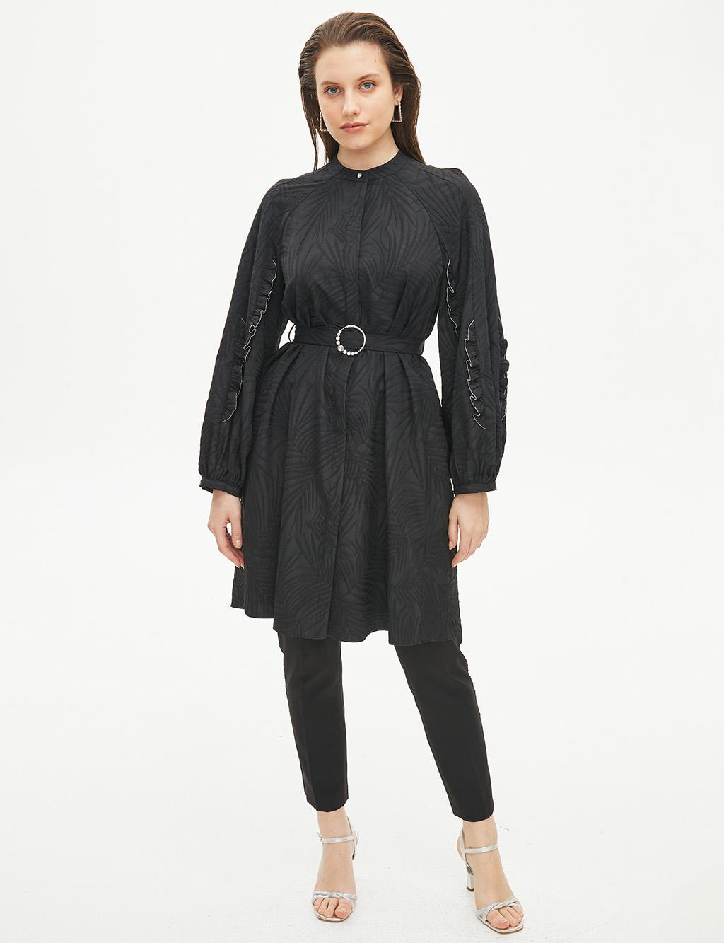 Embossed Round Neck Collar Tunic Black