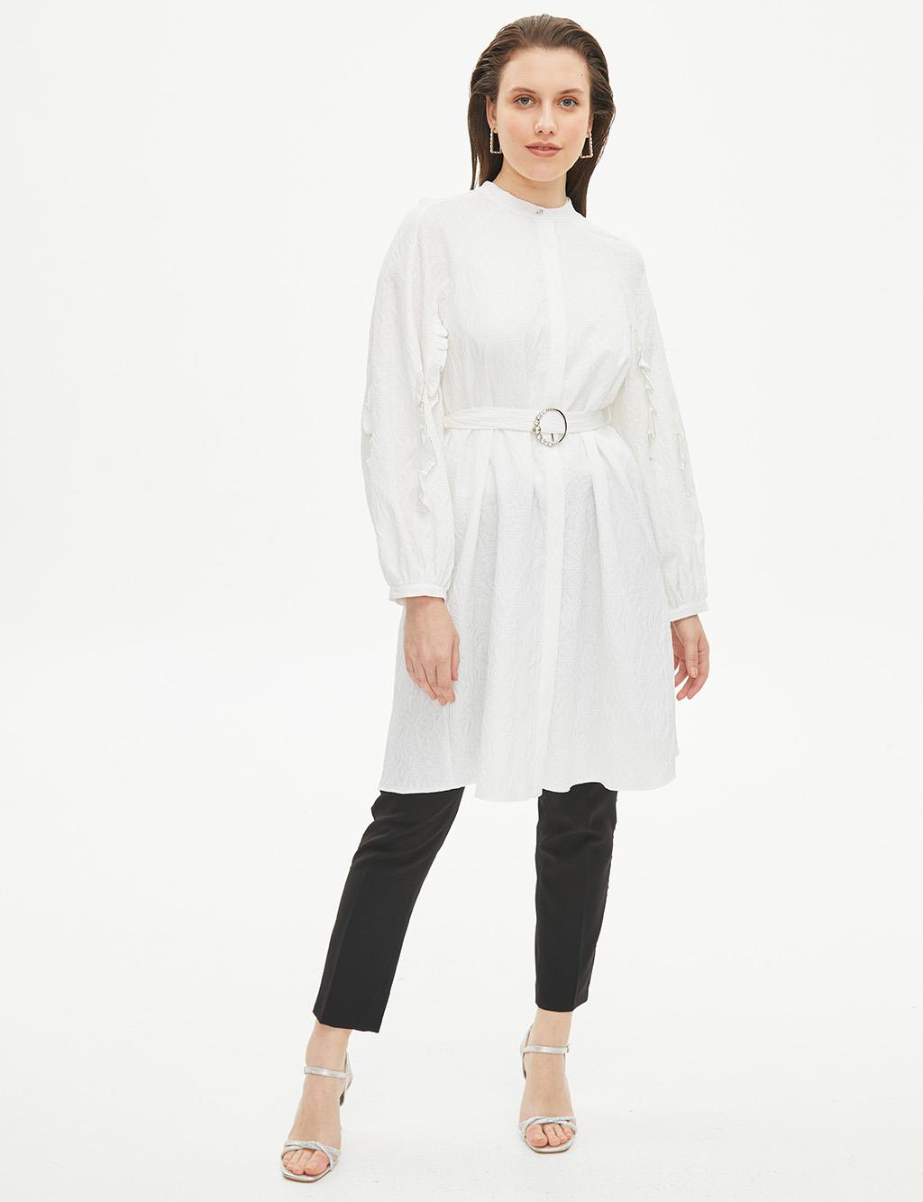 Embossed Round Neck Collar Tunic Ecru