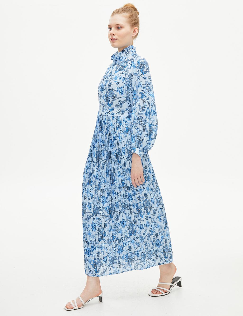 Çiçek Desenli Eteği Pileli Elbise Açık Mavi