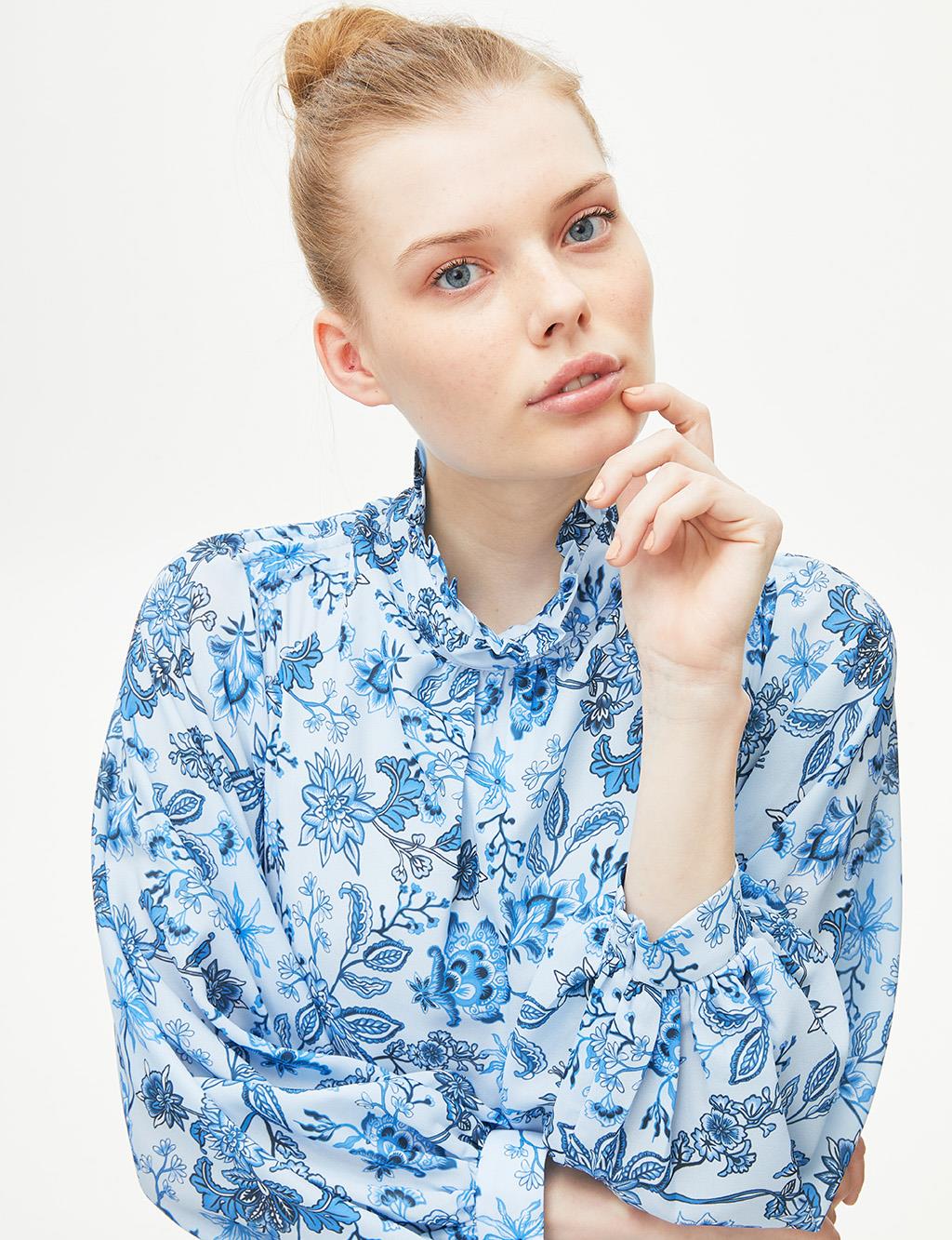 Çiçek Desenli Eteği Pileli Elbise Açık Mavi