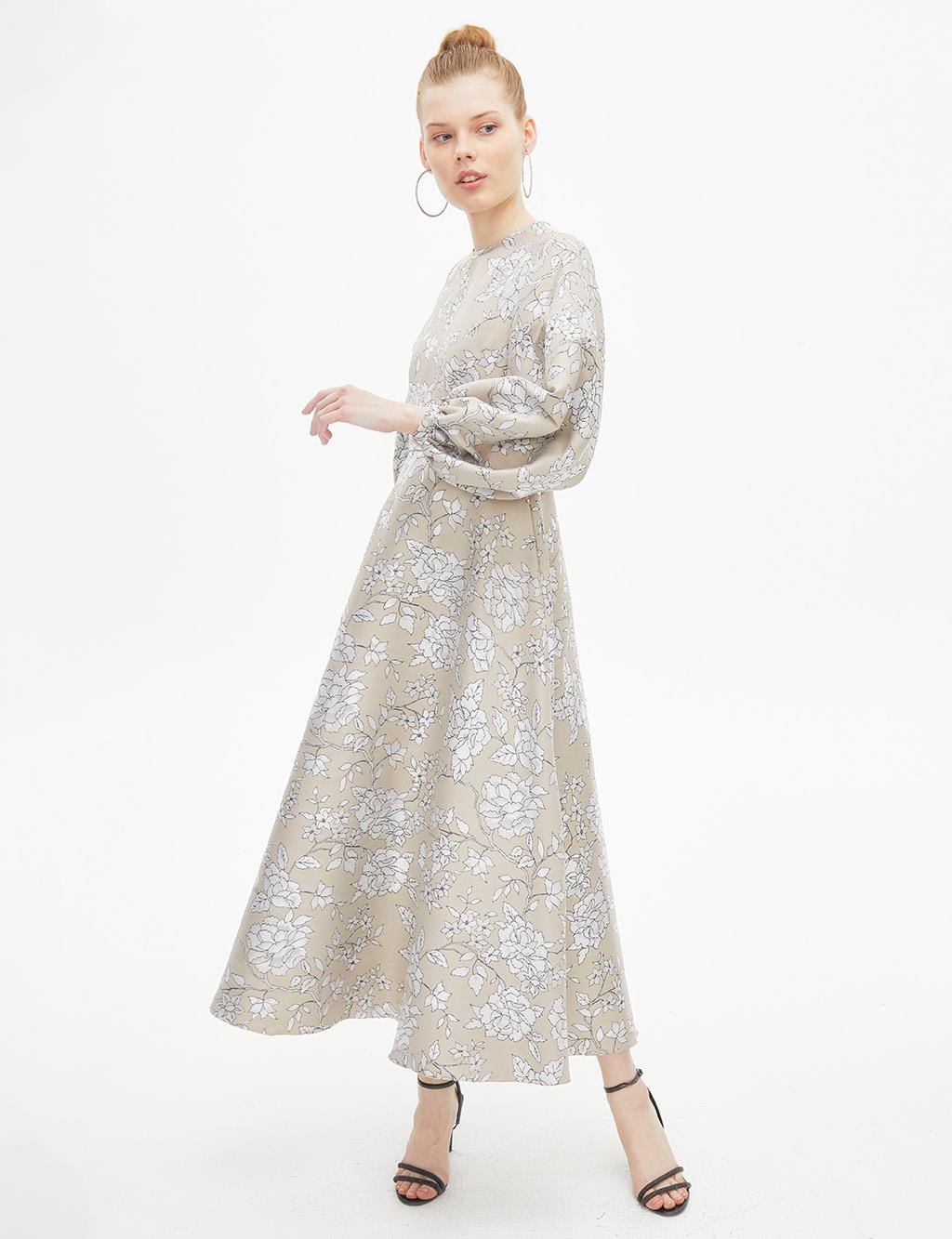 Floral Patterned Balloon Sleeve Dress Stone