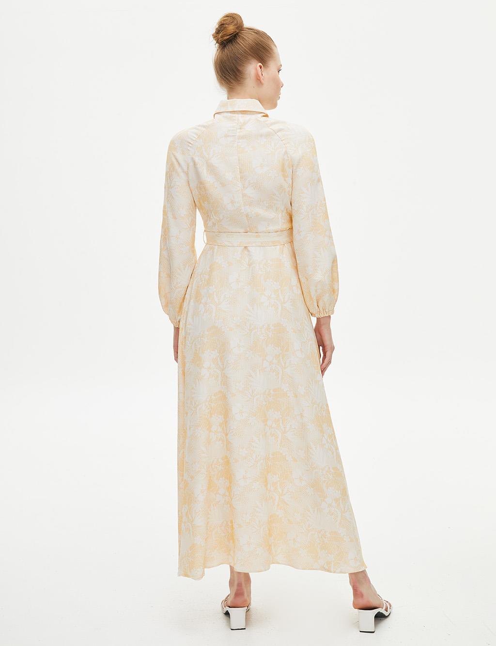 Belted Raglan Sleeve Printed Dress Yellow-White