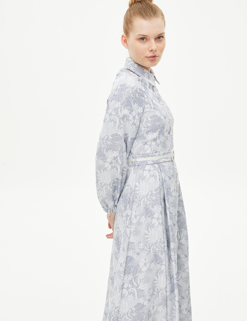 Belted Raglan Sleeve Printed Dress Navy-White
