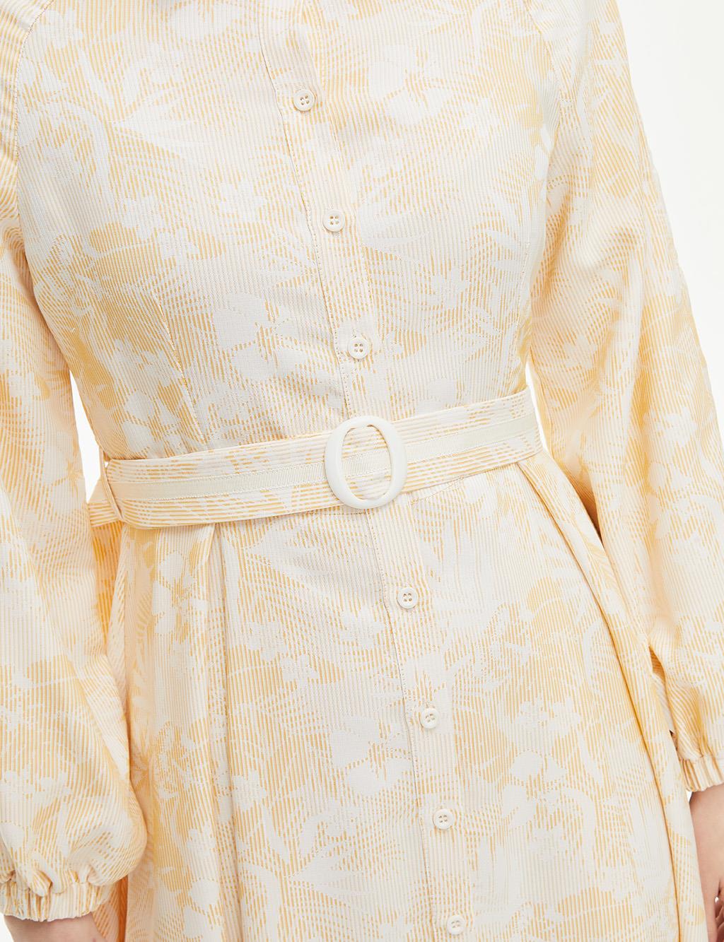 Kemerli Reglan Kol Emprime Elbise Sarı-Beyaz