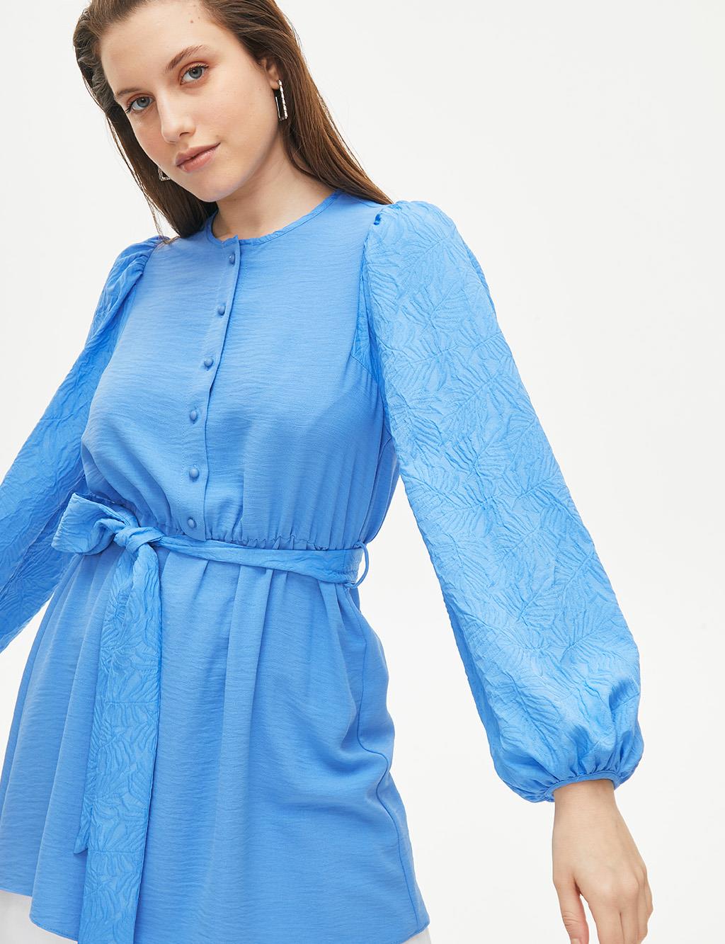 Round Neck Collar Belted Balloon Sleeve Blouse Blue