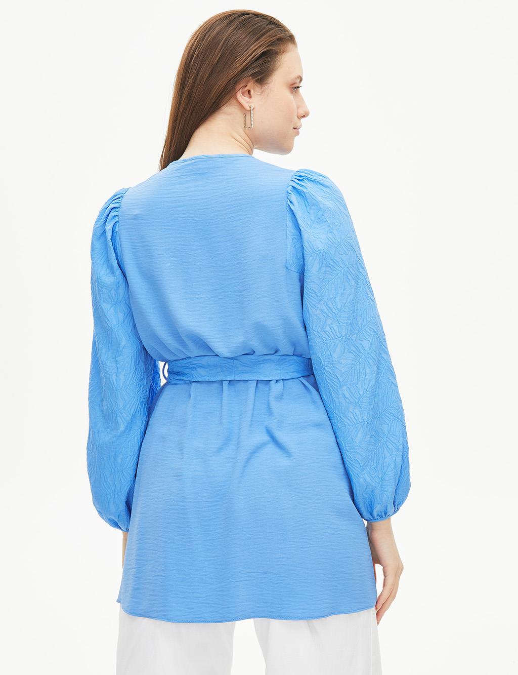 Round Neck Collar Belted Balloon Sleeve Blouse Blue