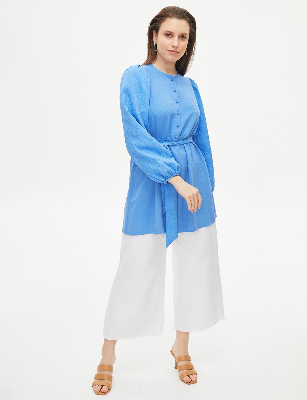 Round Neck Collar Belted Balloon Sleeve Blouse Blue