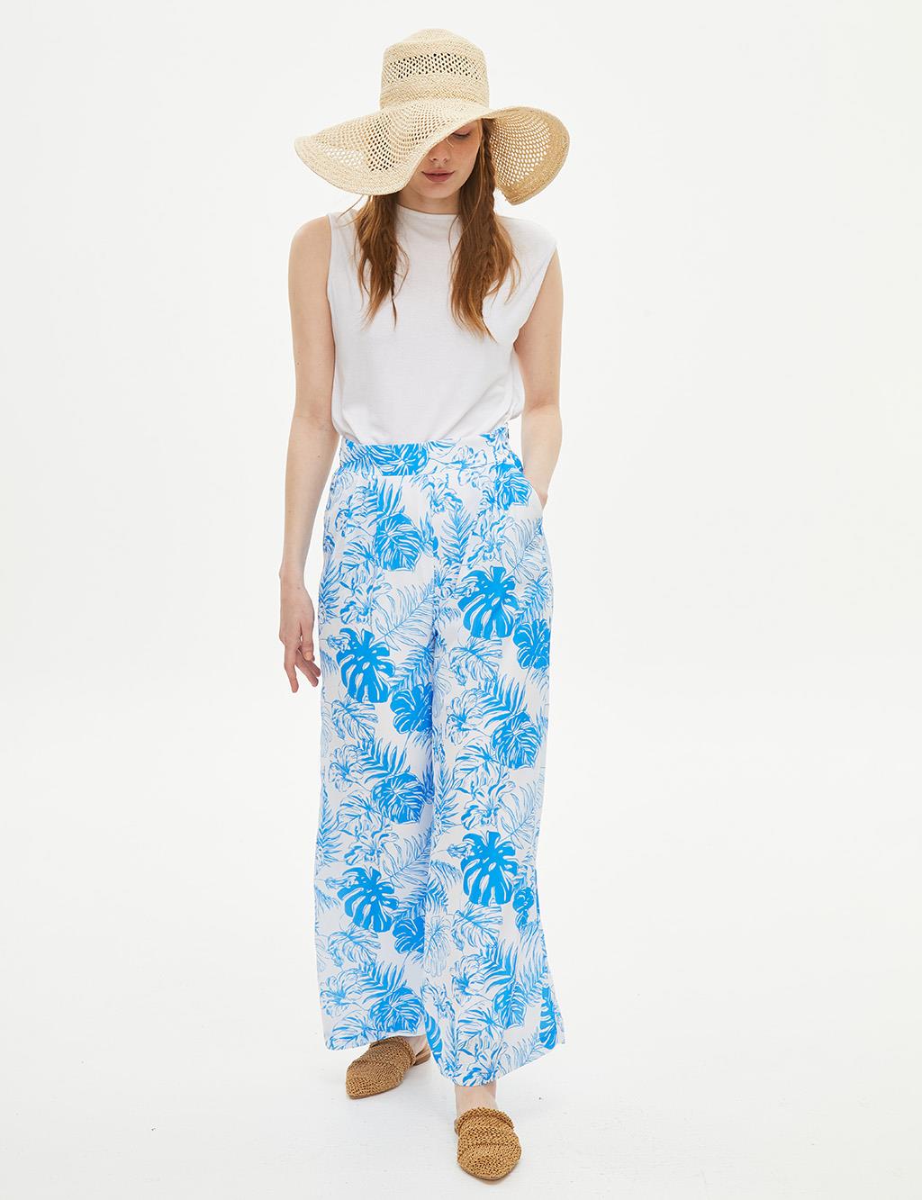 Pleated Wide Leg Floral Patterned Pants Blue