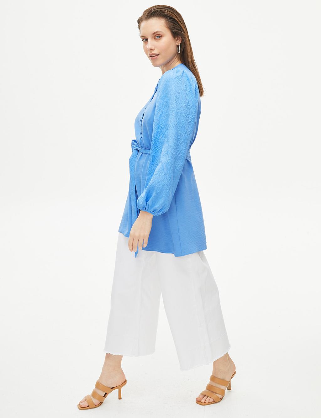 Round Neck Collar Belted Balloon Sleeve Blouse Blue