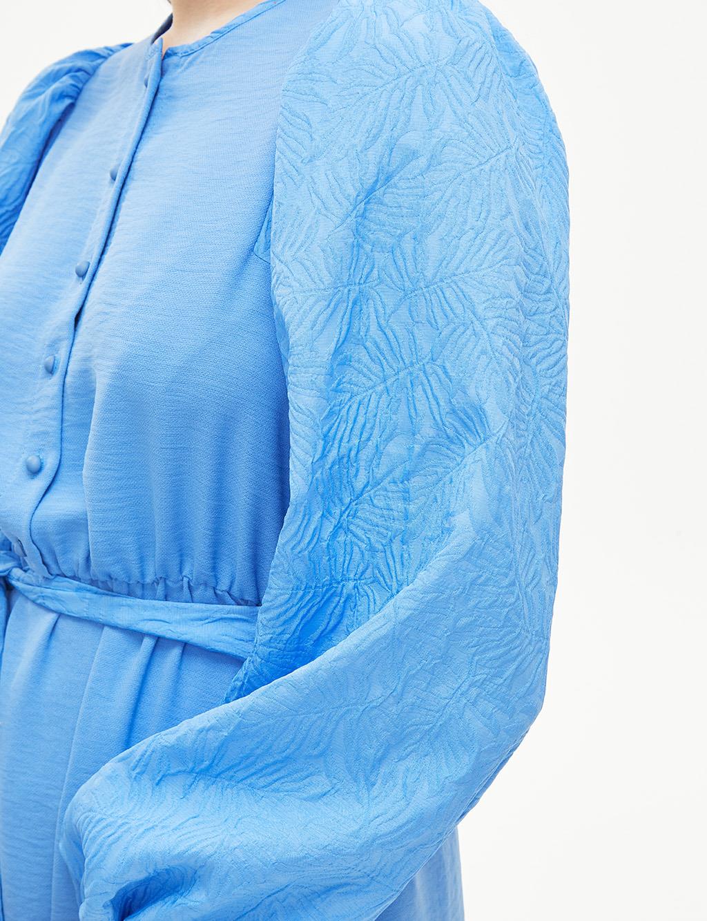 Round Neck Collar Belted Balloon Sleeve Blouse Blue