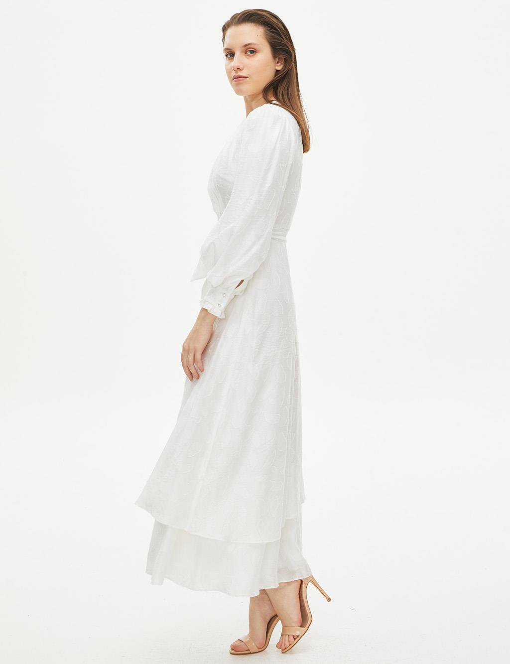 Tiered Skirt Belted Long Dress White