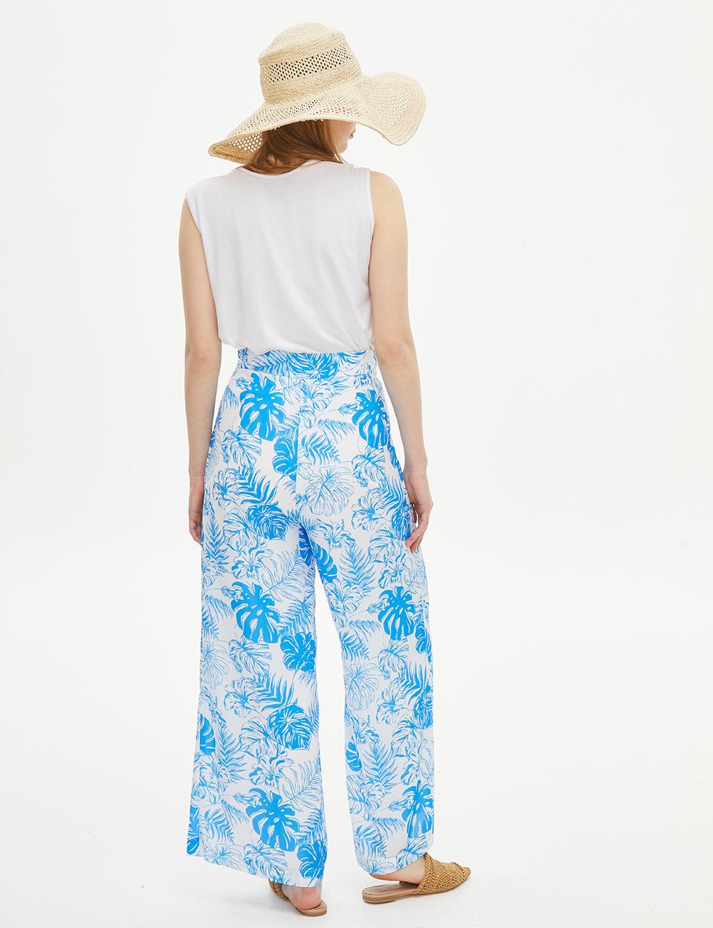 Pleated Wide Leg Floral Patterned Pants Blue