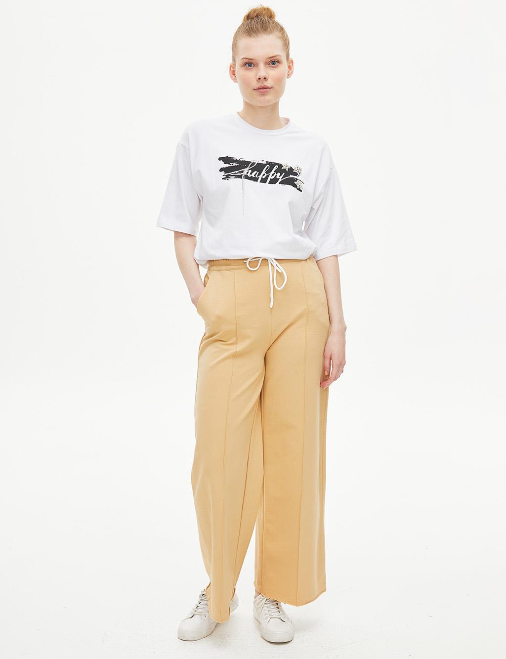 Elastic Waist 2 Thread Pants Beige