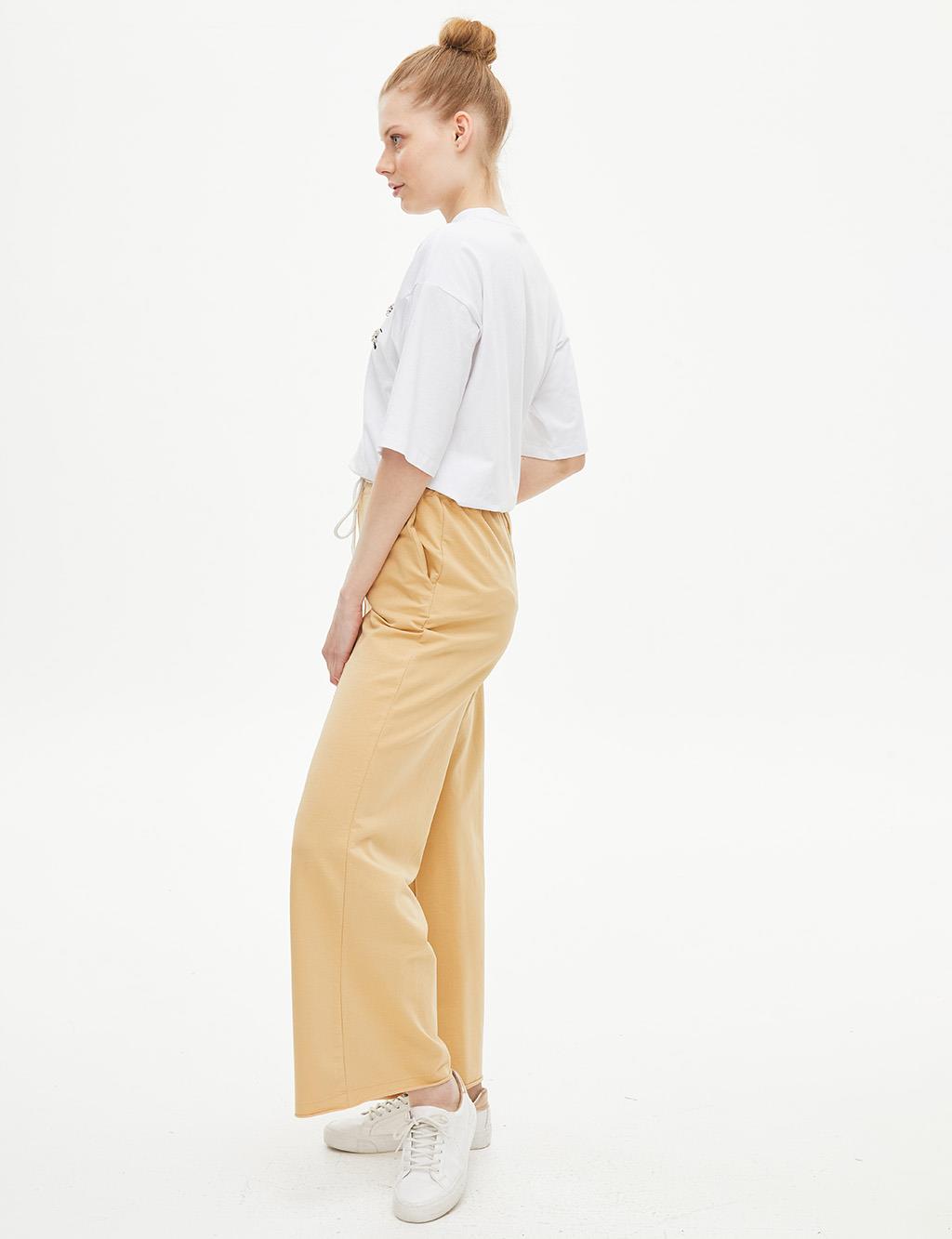 Elastic Waist 2 Thread Pants Beige