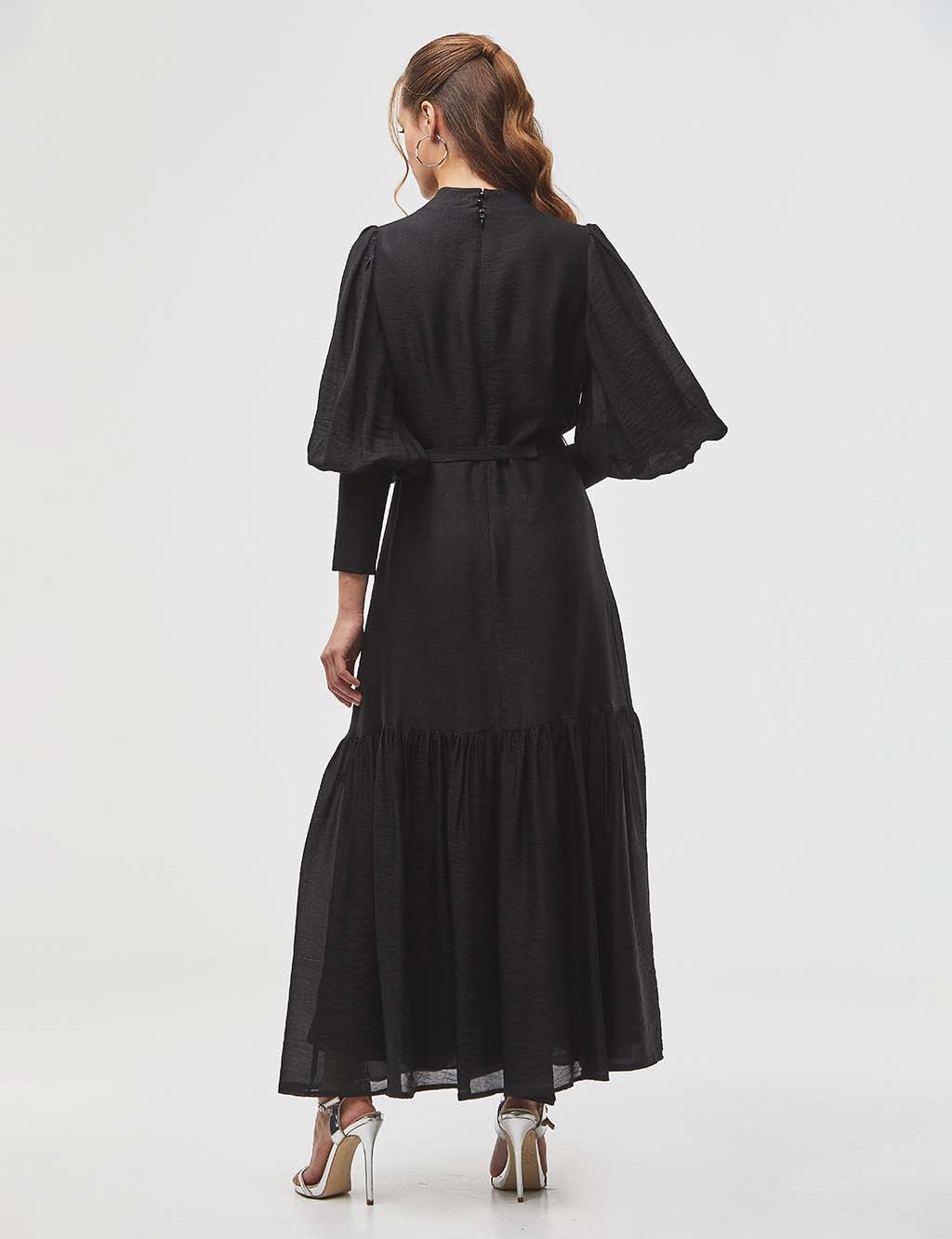 Taş Süslemeli Juliet Kol Elbise Siyah