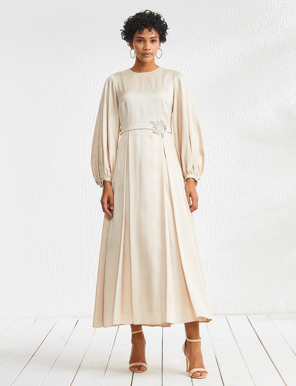 Embroidered Wide Pleated Round Neck Collar Long Dress Beige