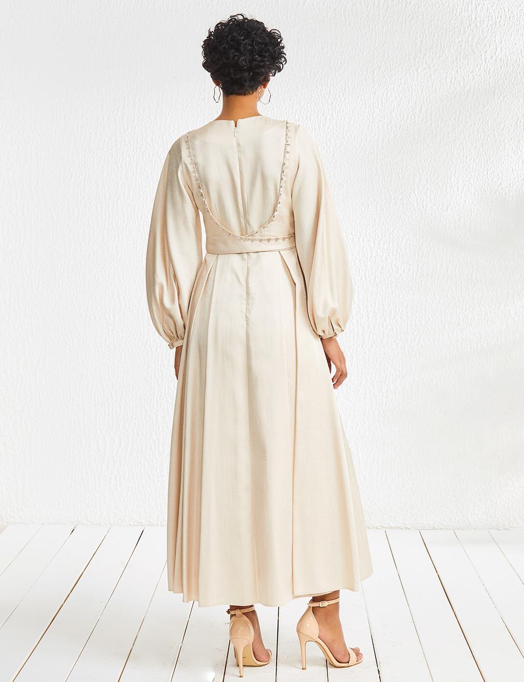 Embroidered Wide Pleated Round Neck Collar Long Dress Beige