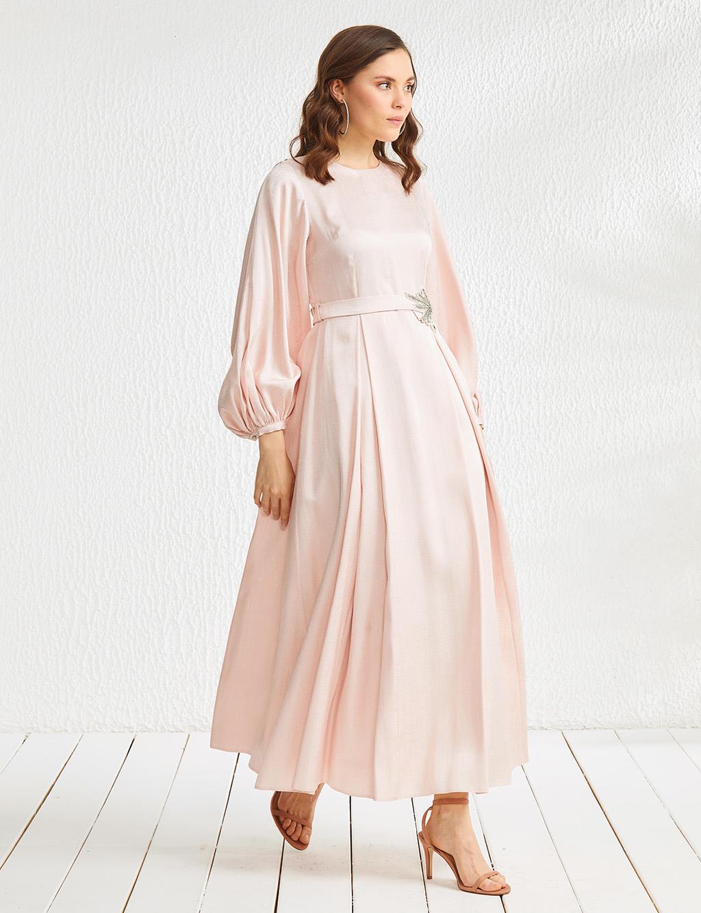 Embroidered Wide Pleated Round Neck Collar Long Dress Powder