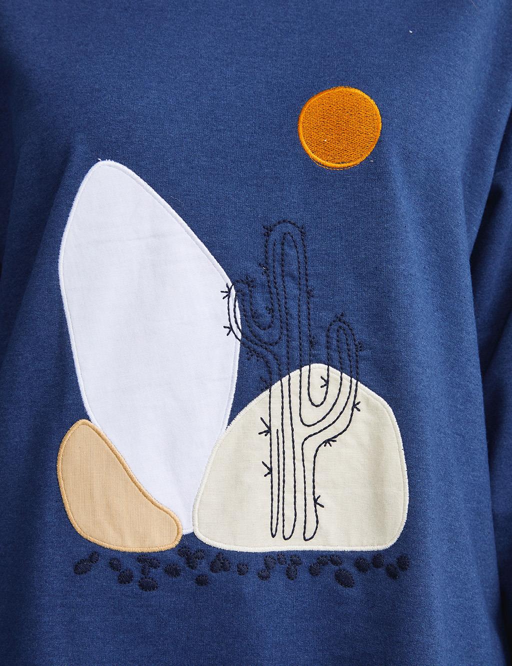 Cactus Pattern Embroidered Sweatshirt Indigo