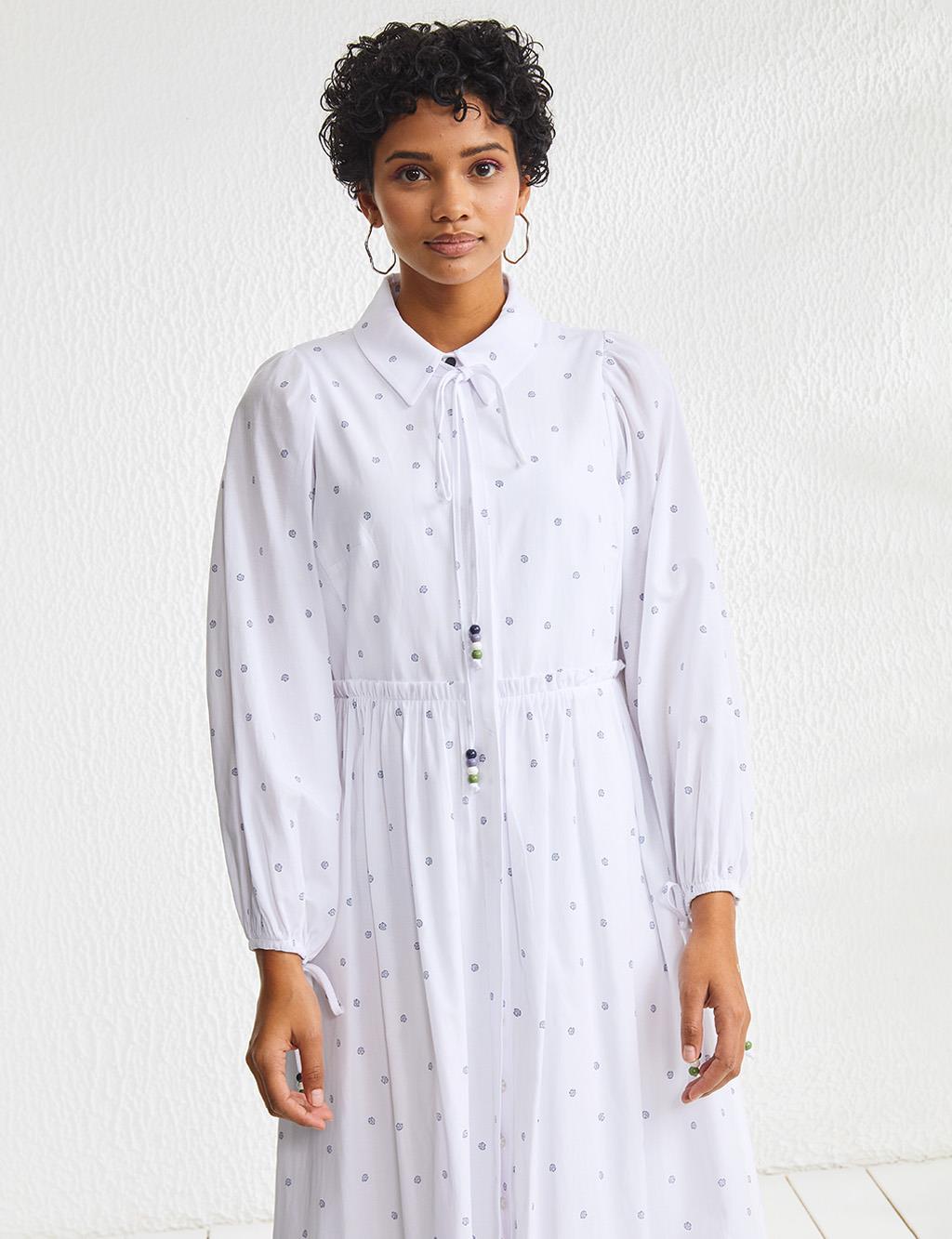 Büzgülü Gömlek Yaka Pamuklu Elbise Beyaz-Lacivert 