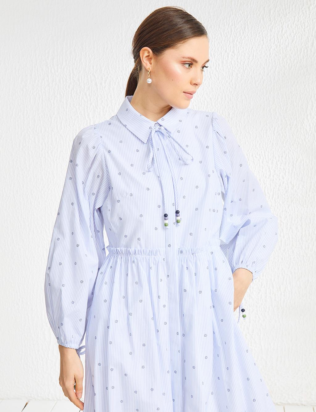 Pleated Shirt Collar Long Dress Light Blue-Navy