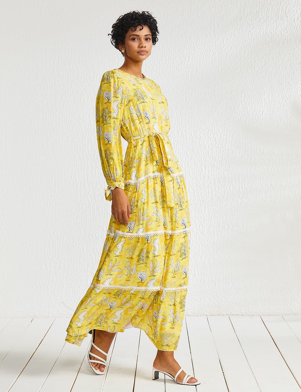 Floral Patterned Crew Neck Dress Yellow-White