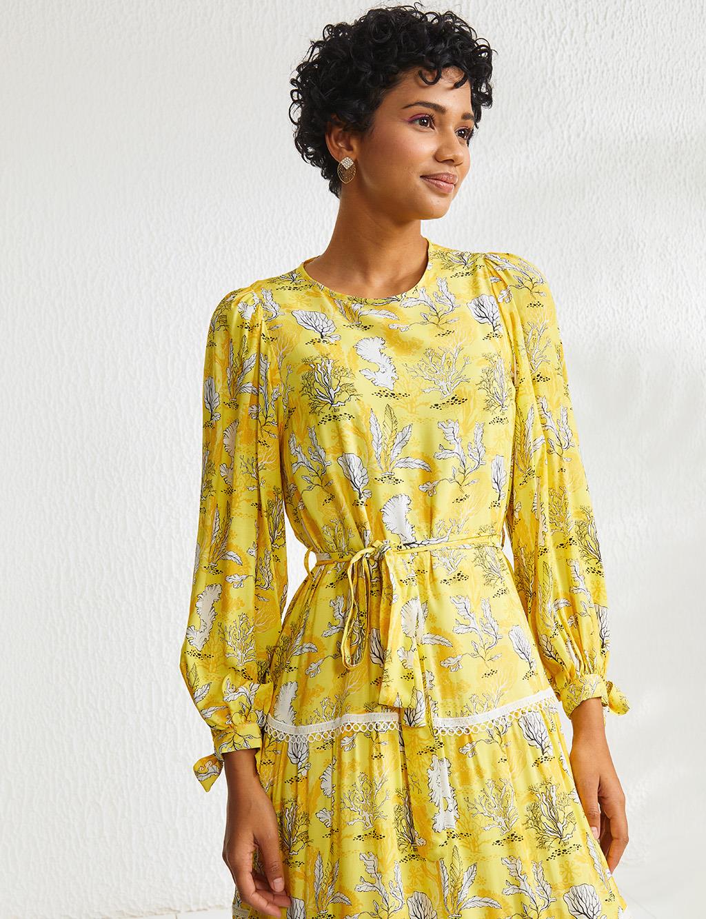 Floral Patterned Crew Neck Dress Yellow-White